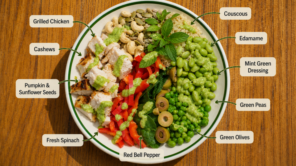 Green salad bowl with chicken, edamame, peas, spinach, olives, red peppers, sunflower seeds, cashews, fresh herbs, and creamy green dressing.