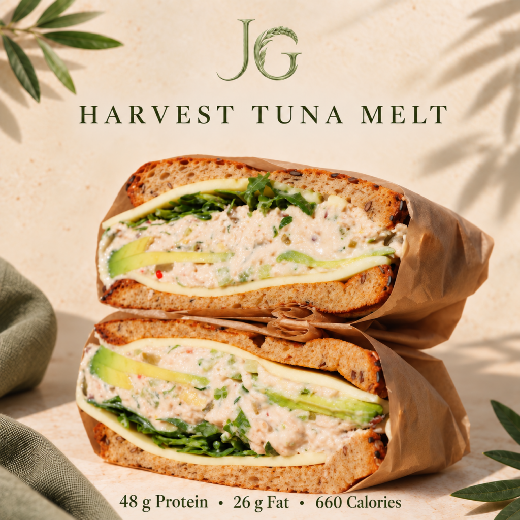 Harvest Tuna Melt with creamy tuna, avocado, melted cheese, and fresh greens on toasted multigrain bread, with 48 g protein.