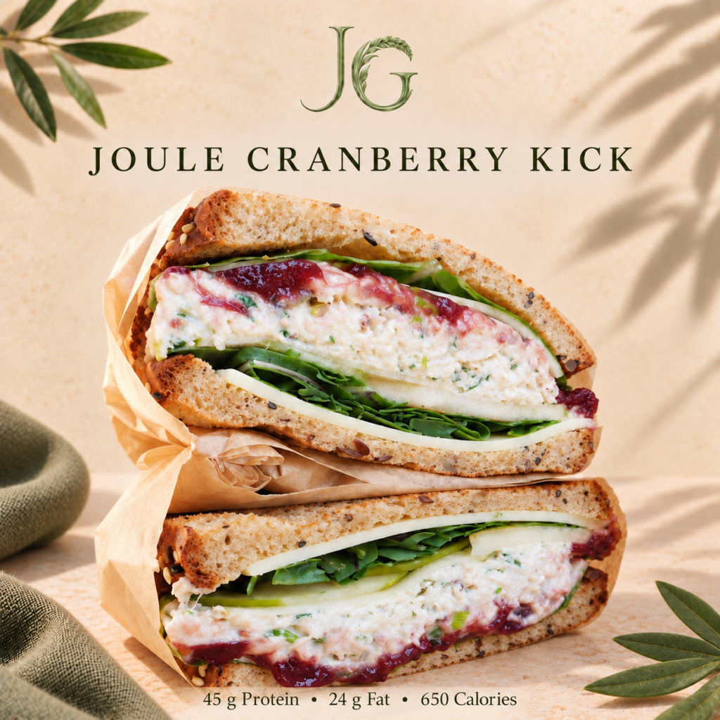 oule Cranberry Kick chicken sandwich with cranberry sauce, cheese, fresh greens and apple on multigrain bread, containing 45 g protein, 24 g fat and 650 calories.