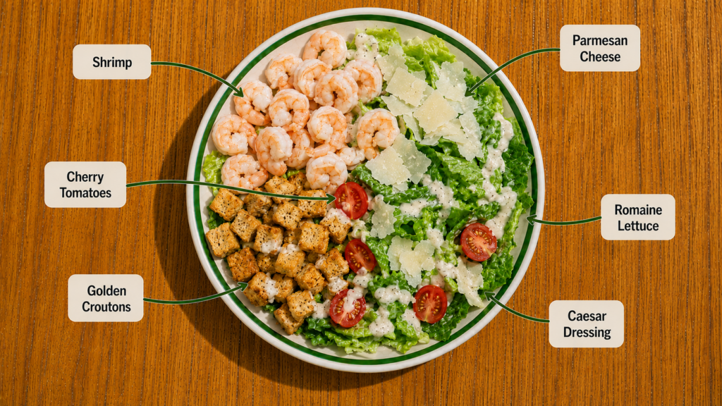 Fresh Caesar salad with crisp romaine lettuce, Parmesan cheese, golden croutons, cherry tomatoes,  shrimp.