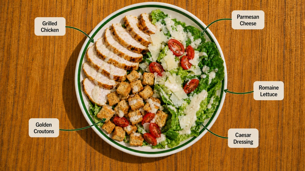 Fresh Caesar salad with crisp romaine lettuce, Parmesan cheese, golden croutons, cherry tomatoes, grilled chicken