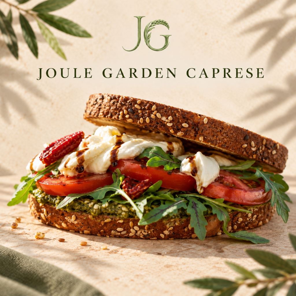 Joule Garden Caprese sandwich with fresh mozzarella, tomatoes, sun-dried tomatoes, arugula, pesto, and balsamic on toasted multigrain bread.